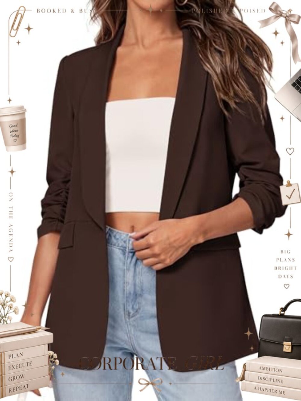 Women's Business Casual Blazer Ruched 3/4 Sleeve Open Front Slim Fit Jacket